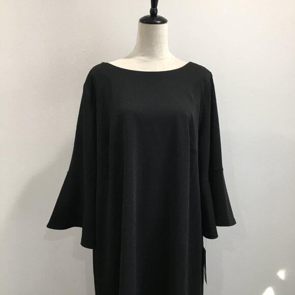 NWT CALVIN KLEIN Black 3/4 Bell Ruffle Sleeve Zip Back Dress - Picture 7 of 11